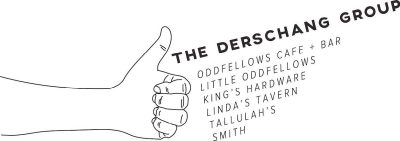 Black and white line drawing of a hand in the shape of a thumbs up. Black text to the right reads "The Derschang Group; Oddfellows Cafe + Bar; Little Oddfellows; King's Hardware; Linda's Tavern; Tallulah's; Smith"