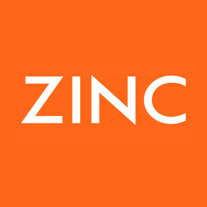 Orange square with white sans serif text in the center reading "ZINC"
