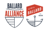 Two similar logos side by side, both vaguely diamond shaped and nautical. Blue and red text reads "Ballard Alliance" on the left one, and "Visit Ballard; est 1889" on the right one.