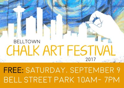 White silhouette hand makes a chalk drawing of the Seattle city skyline. Text below reads "Belltown Chalk Art Festival 2017; Free: Saturday September 9 Bell Street Park 10am - 7pm"
