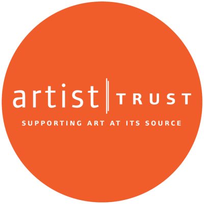 Orange circle with white text inside that reads "Artist Trust; supporting art at its source"