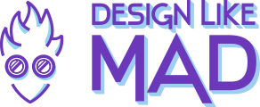 Purple and blue sans serif text reads "Design Like Mad" with a vector illustration of an abstract face to the left.