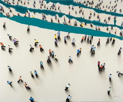 Painting of a crowd of different human figures from above on a white minimal plane, with splashes of abstract blue lines.,
