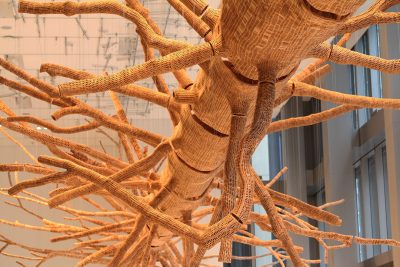 Large sculptural art installation of an organic tree form hung from the ceiling.
