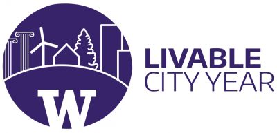 Circular, purple logo with a white line drawing of a cityscape and a large "W". Purple text to the right reads "Livable City Year"
