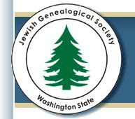 Circular logo of a green pine tree with black text that reads "Jewish Genealogical Society; Washington State"
