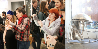 Photo collage of people gathered in an art exhibition, taking photos in an event, and a silvery metal sculpture.