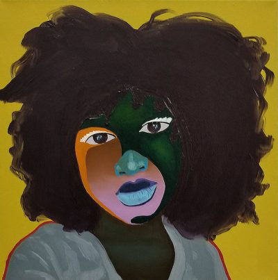 Painted portrait of a femme person with and afro and slightly abstracted features