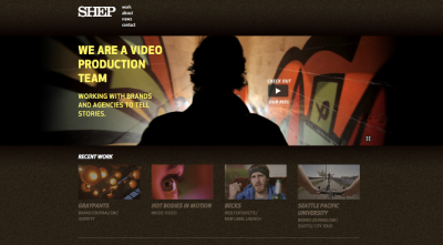 Website front page for Shep Films; text reads "We are a video production team working with brands and agencies to tell stories" across an image of a silhouette figure in front of a graffiti wall.