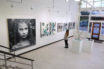 Interior of a brightly lit art gallery with large windows. A person stands and views the work on the walls, which is a large photograph and a series of abstract paintings.