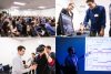 Photo collage of different tech industry experiences, including a full conference room, a presentation of graphs, & demos of VR and screen software.