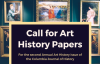 Blue painted paneled wall with multiple ornate historical paintings hung salon style, most incorporating human figures. Brown and cream text box reads "Call for Art History Papers; for the second annual Art History issue of the Columbia Journal of History."