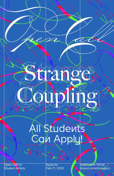 Blue background with multi-colored rainbow gradient swirling lines, with white text that reads "Open Call; Strange Coupling; All Students Can Apply."