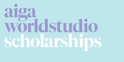 Purple and white text on blue background reads, "aiga worldstudio scholarships"