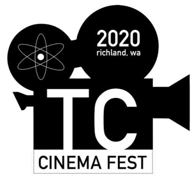 Black and white film camera icon, with text inside reading "TC Cinema Fest" and "2020 Richland, WA"