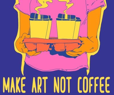 poster image with bright pink, yellow, orange, red, and purple colors depicting a torso carrying a to-go tray of four coffees. Image is illustrated. Text reads: Make Art Not Coffee. Become an Ah Haa School Summer Intern. Gain Hands-on experience assisting with kids summer art programs and special events from June 1 - August 7. Gain valuable experience in art education / nonprofit operations. enjoy 14 hour access to Ah Haa's Studios for personal use. Experience Telluride! Housing is provided! Visit www.ahhaa.org or call 970.728.3886 for details