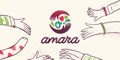Line drawn hands extending from outside the frame towards center circular logo, with cursive text below reading "amara"