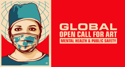 Graphic illustration of a surgeon wearing a blue medical mask. Cream text on red background to the right reads "Global; Open call for art; mental health and public safety"