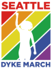 White silhouette of a figure with a raised fist against a rainbow background, the text surrounding reads "Seattle Dyke March"