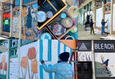 Photo collage of artists creating murals on boarded up storefronts.