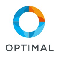 Circular blue and orange abstract logo. Black text below reads "Optimal"