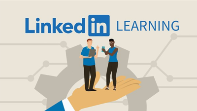 A person holding a laptop stands beside a person holding a tablet, both of them standing on a large hand. Text above reads "LinkedIn Learning"