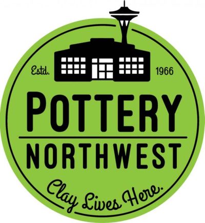 Green circle logo with a black and white rendering of a building and the space needle. Black text reads "Pottery Northwest; Clay Lives Here"