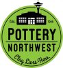 Green circle logo with a black and white rendering of a building and the space needle. Black text reads "Pottery Northwest; Clay Lives Here"