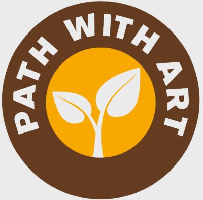 Brown and orange circle logo with two growing leaves in the center. White text around outside reads "Path With Art"