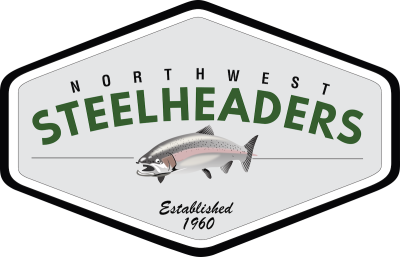 Diamond logo with black and green text reading "Northwest Steelheaders; established 1960", with a graphic illustration of a fish in the middle.