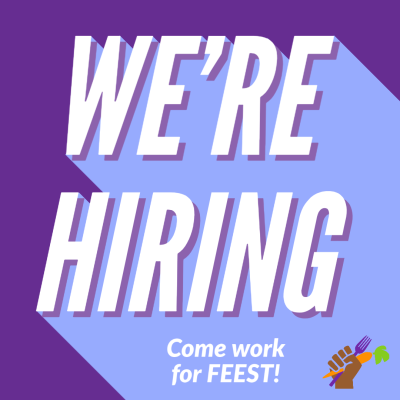 White text on purple background reads "Were Hiring; Come work for Feest!". An icon of a brown hand holding a fork and a carrot in the lower right corner.