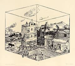 Printed etching of a cube containing a town scene.