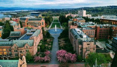 Aerial photo of the University of Washington overlooking a fountain