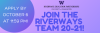 Blue text on purple gradient background reads "Join the Riverways Team 20-21!" Blue gradient circle in upper left corner reads "Apply by October 6 at 11:59pm!". Text at the top in black reads "Riverways Education Partnerships; University of Washington."