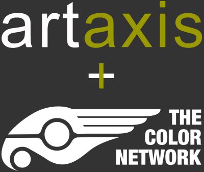 Grey background with white and green text that reads "Artaxis + The Color Network" with a vector illustration of a bird.