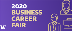 Gold icons of business people and a brief case on a purple background. Text to the left reads "2020 Business Career Fair", with a white "W" in the lower left corner.