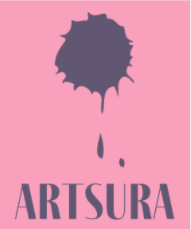 Pink background with a vector graphic illustration of a paint splotch in purple. Purple text below reads "Artsura"