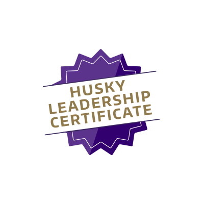 Purple certificate sticker illustration, with a white banner through it reading "Husky Leadership Certificate" in gold font.