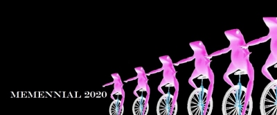 Black background with six neon pink frogs on unicycles. White serif text to the left reads "Memennial 2020."