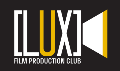 White and yellow text reads "LUX" within the abstract shape of a film camera. White text below reads "Film Production Club."
