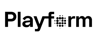 Black text on white background reads "Playform." The letter "O" is a series of different sized dots grouped together.