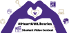 Silhouette of two purple hands coming together to form a heart shape, surrounded by gold and purple vector icons of things like books and laptops and paw prints. Text below hands reads "#IHeartUWLibraries; Student Video Contest."