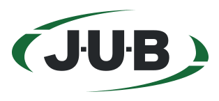 Black text on white background that reads "J.U.B", with a dark green oval shape encircling the text.