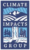 Graphic blue and white drawing of a mountain with rain. Below that, graphic blue and white drawing of a water fall leading to a lake with a fish, pine trees and a cityscape on either side of the waterfall. White text reads "Climate Impacts Group."
