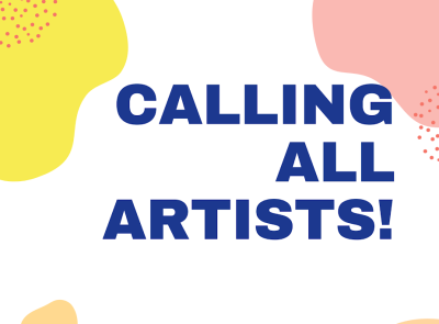 White background with yellow, pink, and peach amorphous organic shapes in each corner and small dot spatters over the shapes. Blue text reads "Calling All Artists!"