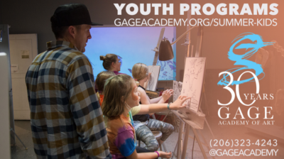 Group of children sit in front of drawing easels in an art class setting. The child in the foreground points out something in their drawing to an adult in a baseball cap standing next to them. White text reads "Youth Programs" with a website link. Below is a logo of a painted blue lowercase "G", with text that reads "30 years; Gage Academy of Art."