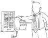 Black and white line drawing of a figure in a tie and suspenders using a time clock to check in for work.