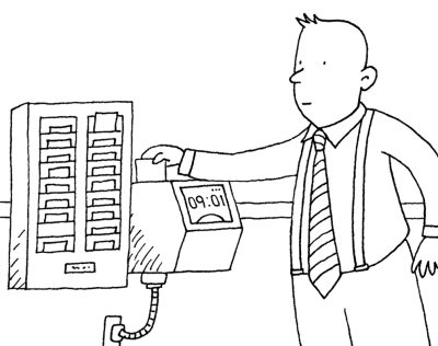 Black and white line drawing of a figure in a tie and suspenders using a time clock to check in for work.