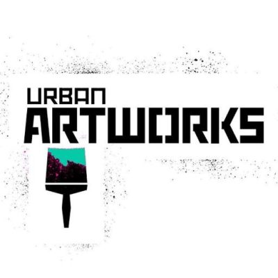 Black sans serif text on white background that reads "Urban Artworks" with faint graphic paint spatter around the text. Illustration of a large paint brush underneath text, with teal paint on the brush.