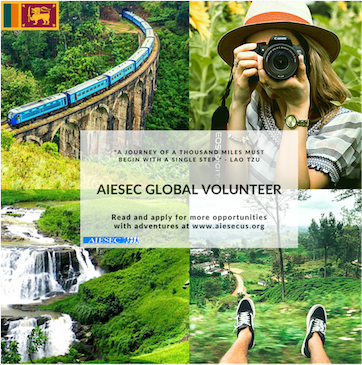 Photo collage; left to right top row: train going over a bridge through a rain forest; person in a white hat in a forest setting holds a digital camera; bottom row left to right; waterfall; person's sneaker-ed feet against a forested/farmland background. White text box in center reads, "'A journey of a thousand miles must begin with a single step' - Lao Tzu; AIESEC Global Volunteer; Read and apply for more opportunities with adventures at www.aiescus.org."